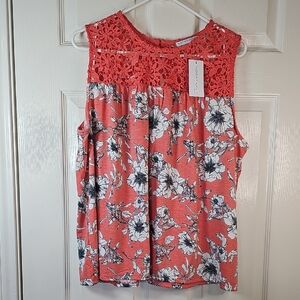 New Notations Women Floral Crochet Sleeveless Blouse Salmon 1X